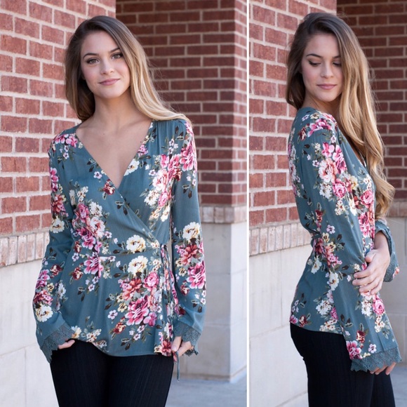 Teal Floral Wrap top - Picture 2 of 7
